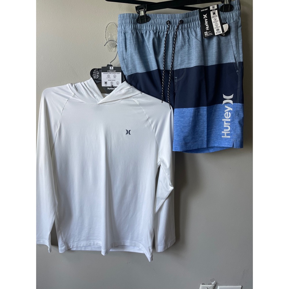 Hurley Mens 2 Piece Swim Set Rash Guard Hoodie and Board Shorts Blue White M
